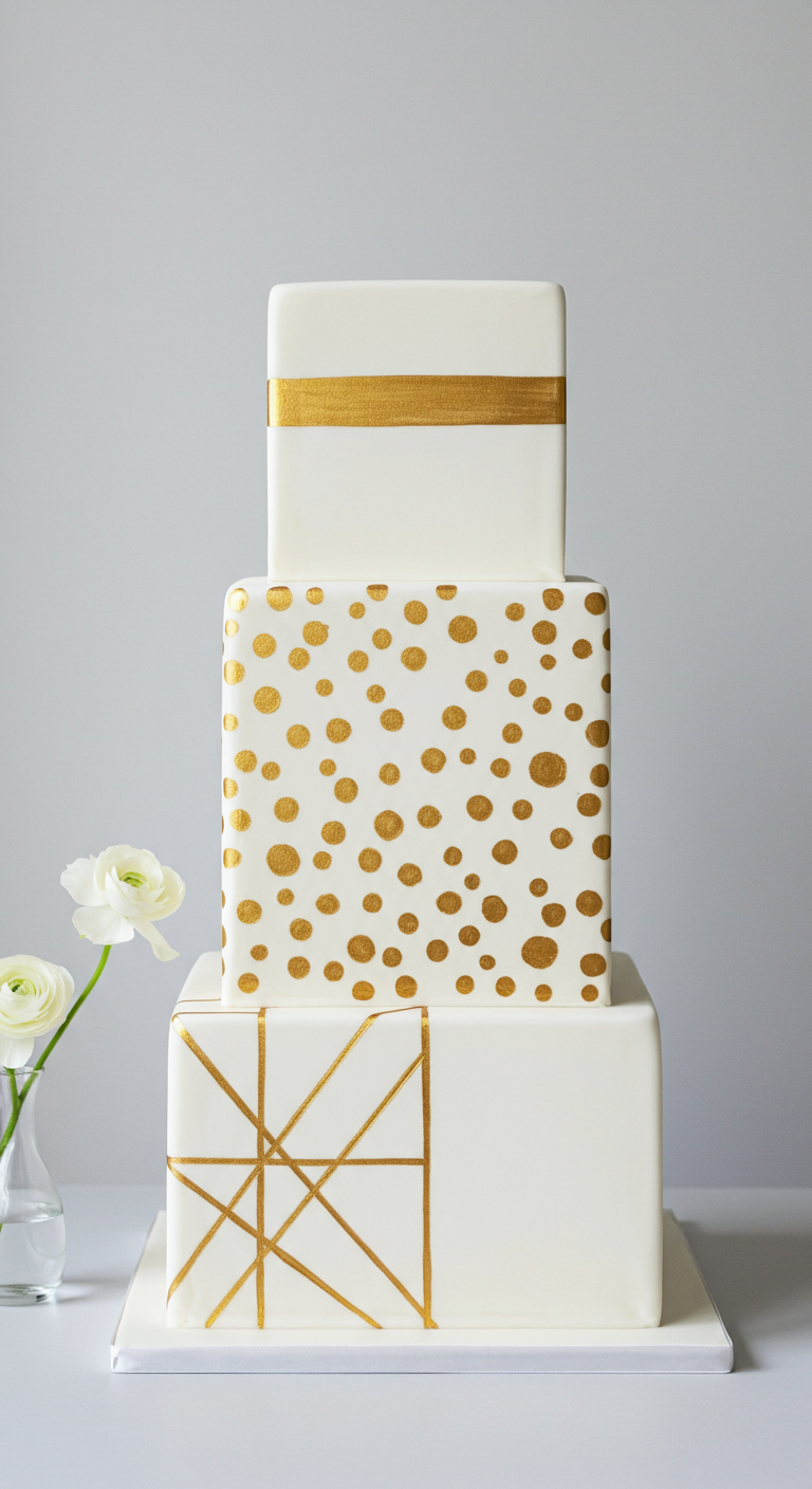Dreistöckige weiße quadratische Torte mit goldenen geometrischen Mustern.