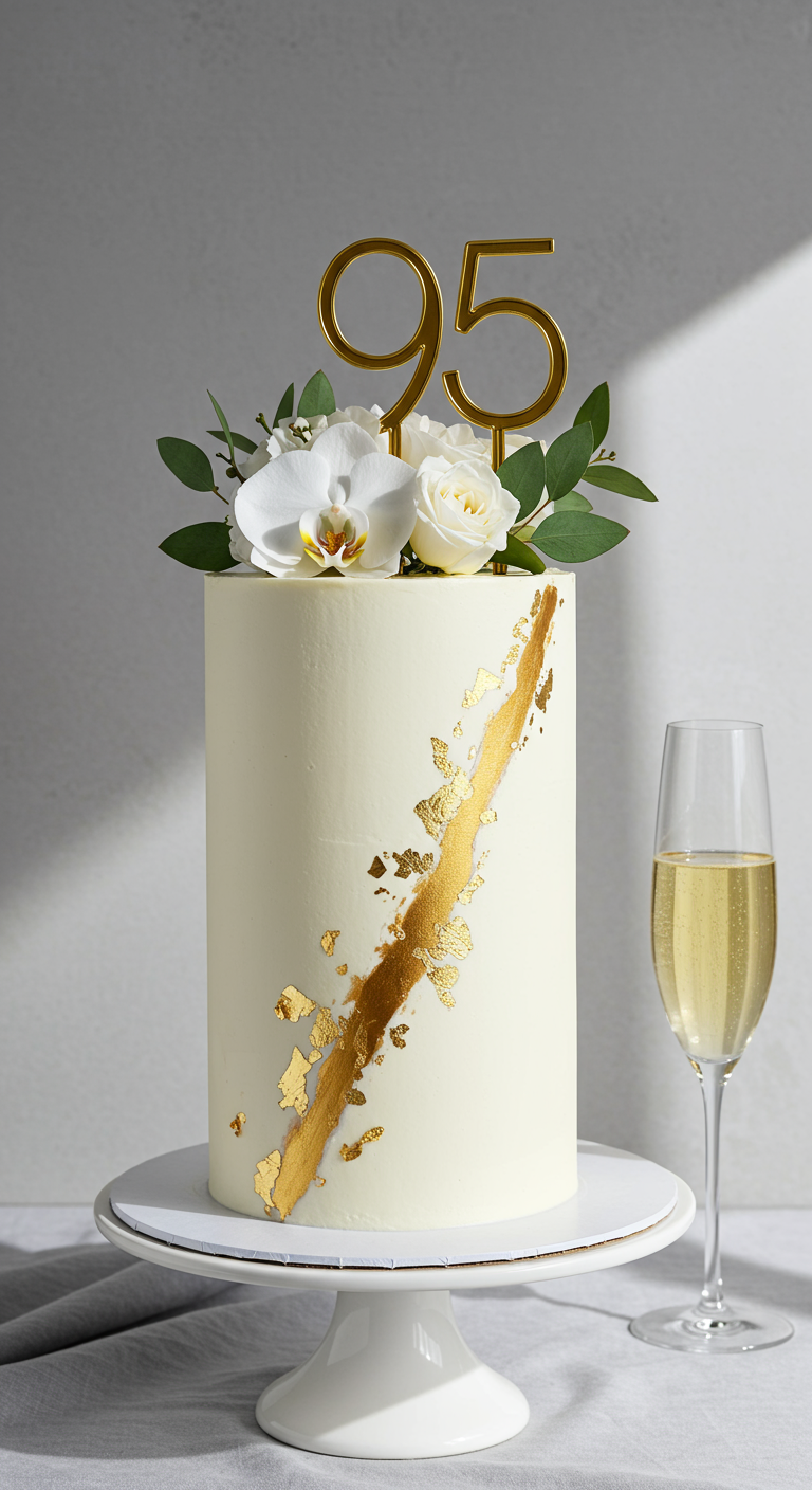Hohe weiße Torte mit Goldblatt-Akzent, weißen Orchideen und „95“-Topper.