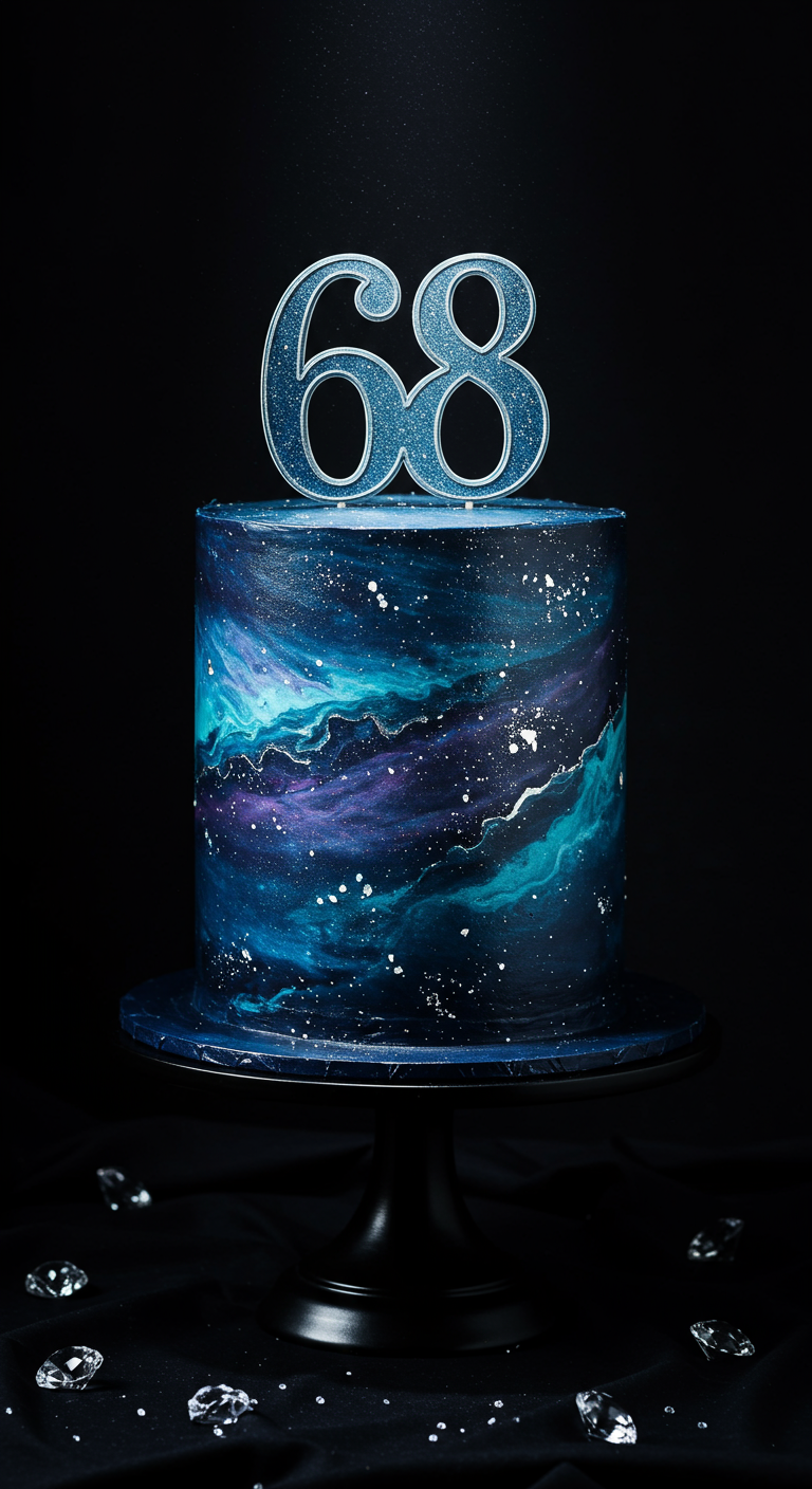 Dunkle Torte mit Galaxy-Effekt in Blau- und Lilatönen, silberner
