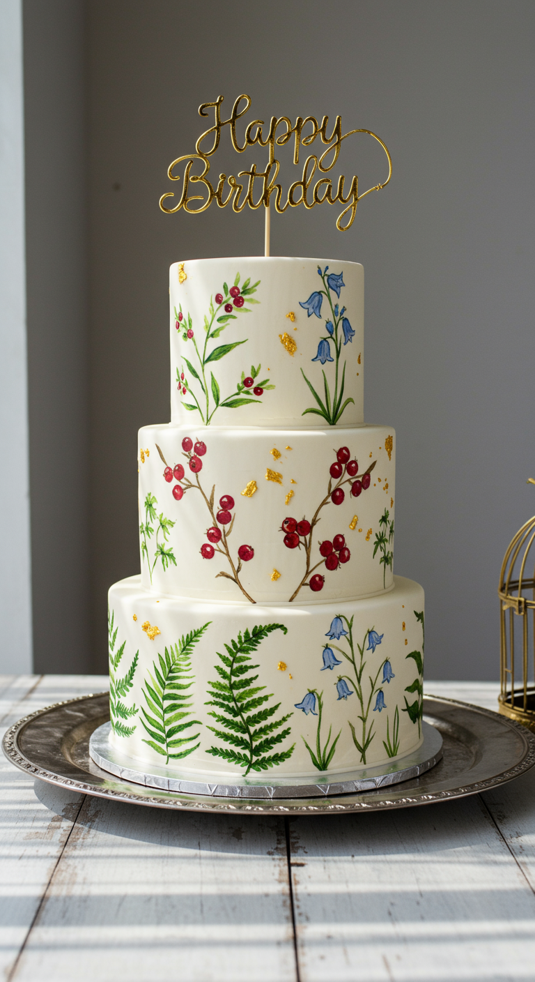 Dreistöckige weiße Torte mit handgemalten Waldblumen und Goldakzenten.