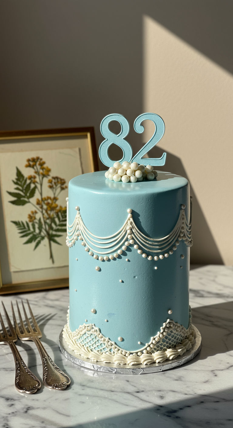 Hellblauer, hoher Kuchen mit weißen Zuckerguss-Girlanden und Perlen, Zahl 82.