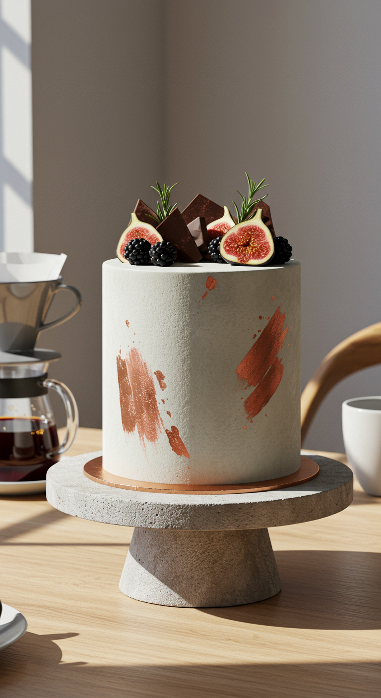 Graue Torte im Beton-Look mit Kupfer, Feigen und Beeren.