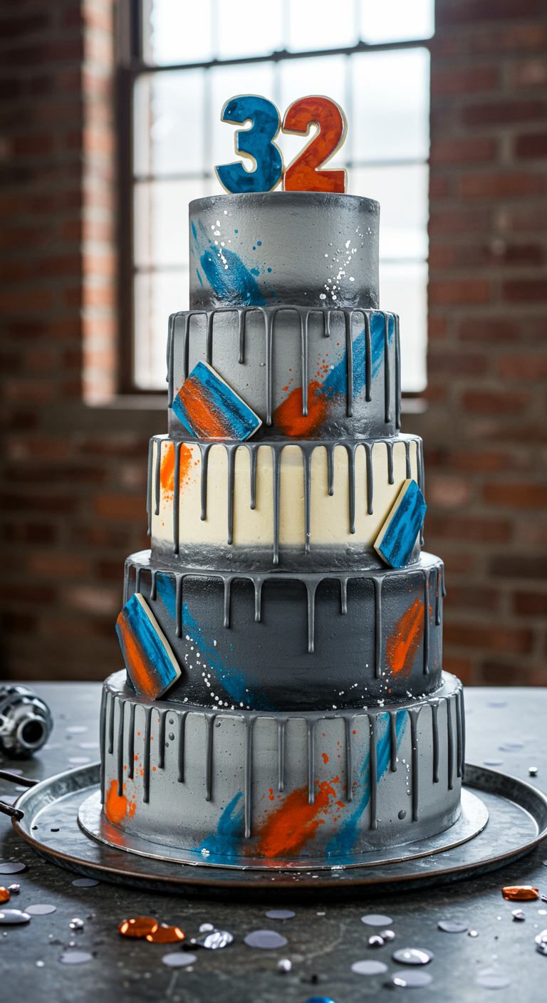 Mehrstöckige Torte in Grau mit blau-orangen Akzenten und Drip-Effekt.