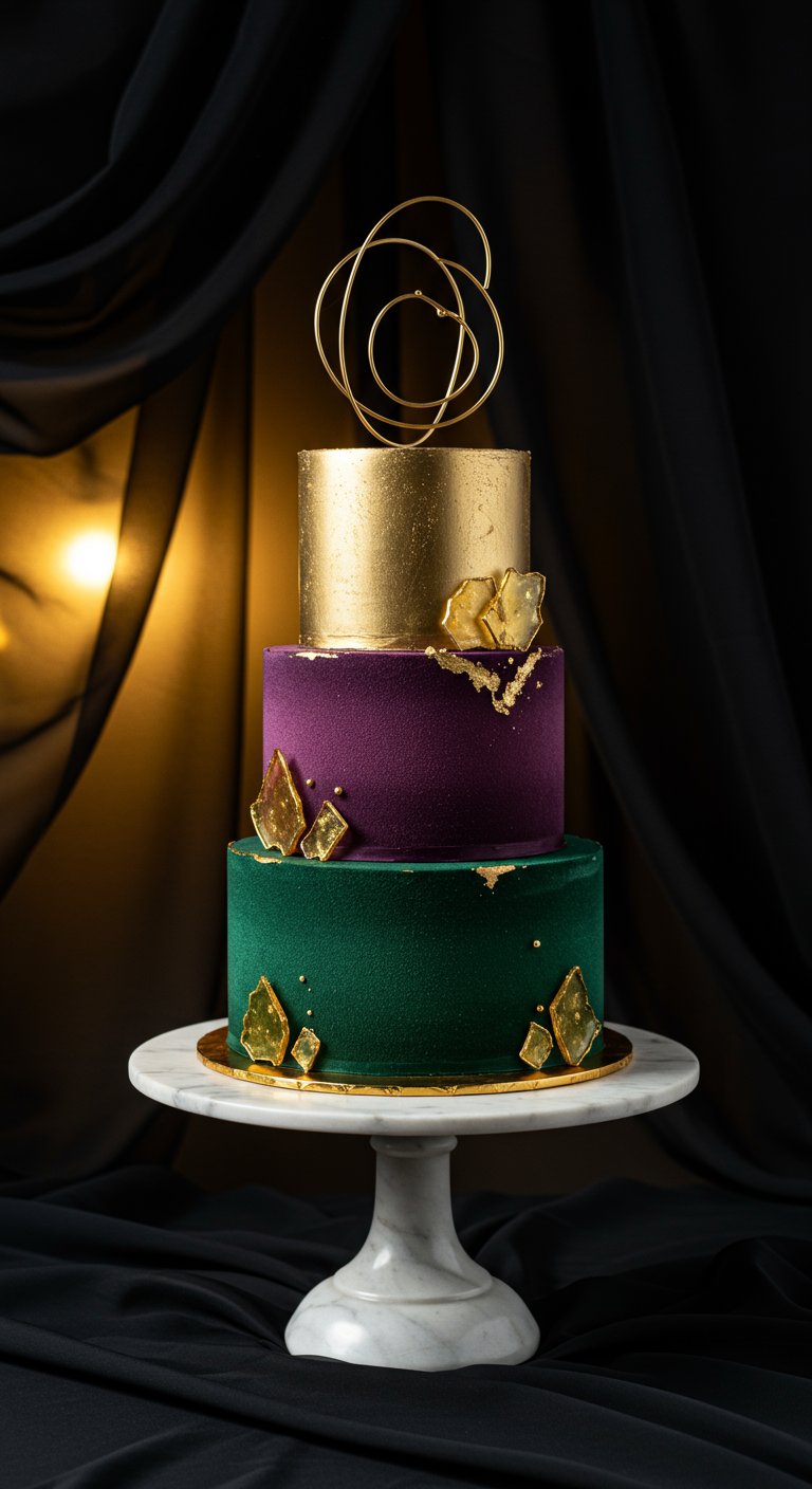 Dreistöckige Torte in Gold, Lila und Grün mit goldenen Edelstein-Splittern.