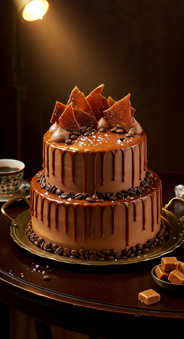 Schokotorte mit Karamell-Drip, Kaffeebohnen und Karamellsplittern.