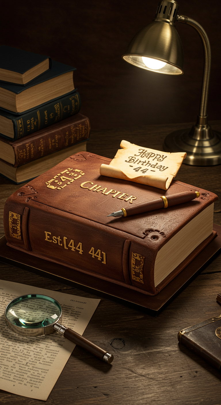 Torte in Form eines alten Buches mit der Aufschrift
