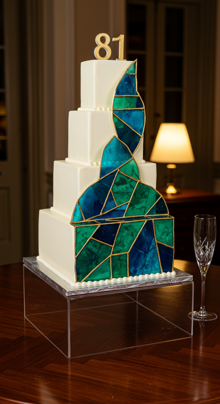 Mehrstöckige weiße Torte mit blau-grünem Mosaik-Design und goldener 81.