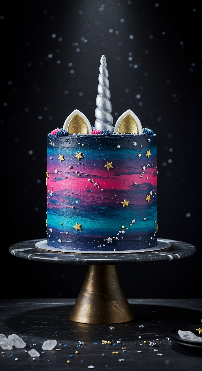 Einhorntorte mit Galaxy-Effekt in Blau, Pink und Lila, mit goldenen Sternen und silbernem Horn.