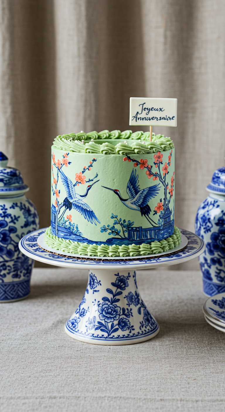Mintgrüne Torte mit handgemalten Kranichen und Kirschblüten