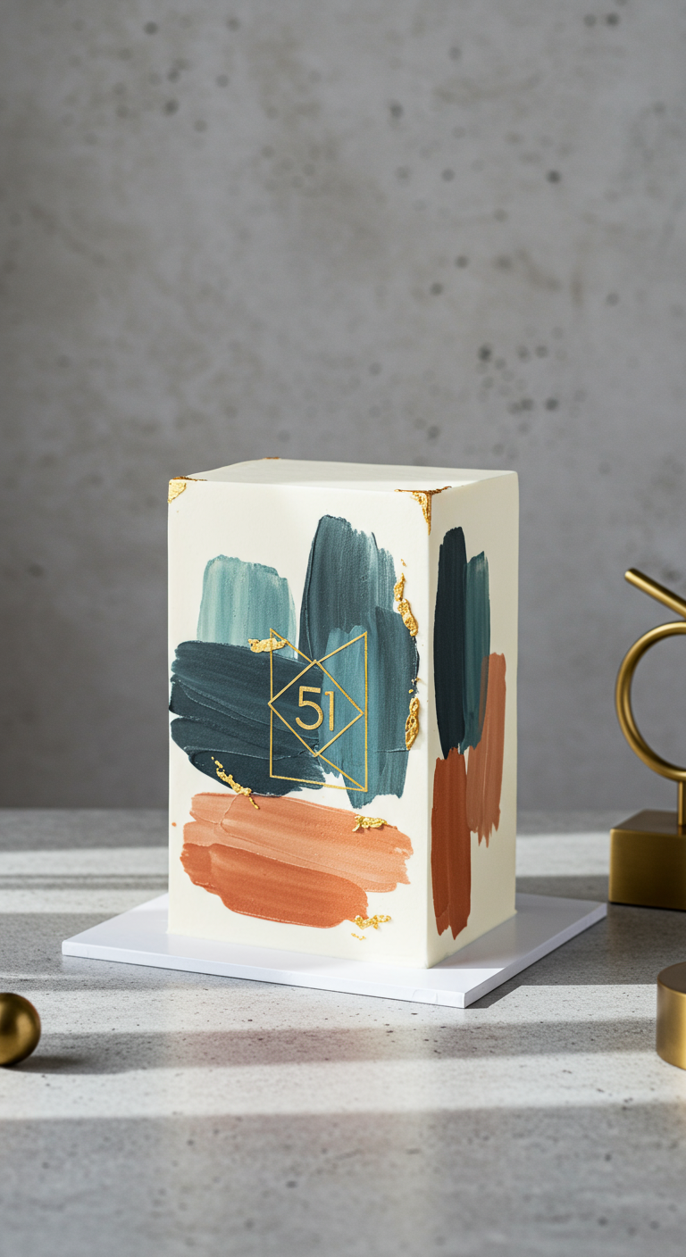 Hohe, eckige weiße Torte mit abstrakten Pinselstrichen und Goldakzenten.
