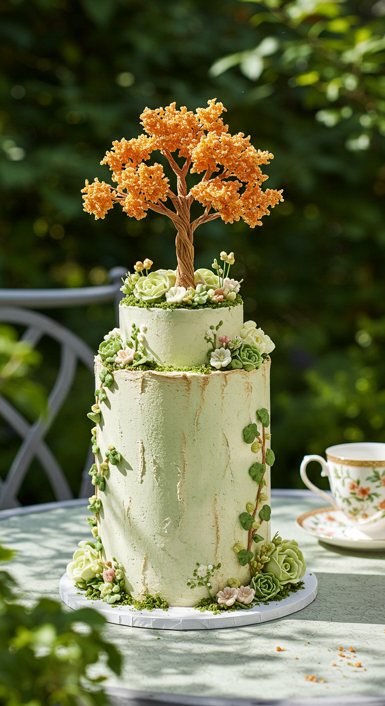 Zweistöckige Torte mit heller Creme, Baumrinde-Optik und einem Zuckerbaum als Topper.