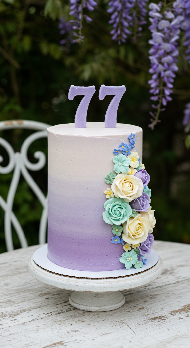 Hohe Torte mit lila Ombré-Verlauf und bunten Zuckerblumen, lila Zahl 77.