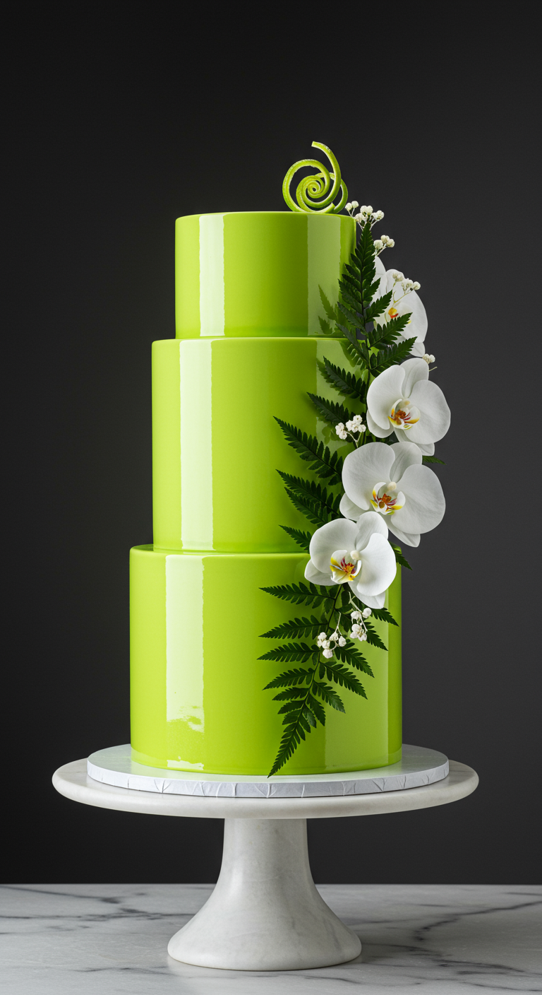 Dreistöckige limettengrüne Mirror-Glaze-Torte mit weißen Orchideen und Farn.