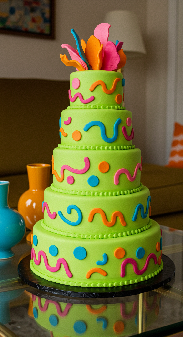 Hohe, limettengrüne Memphis-Torte mit bunten Schnörkeln und Punkten.