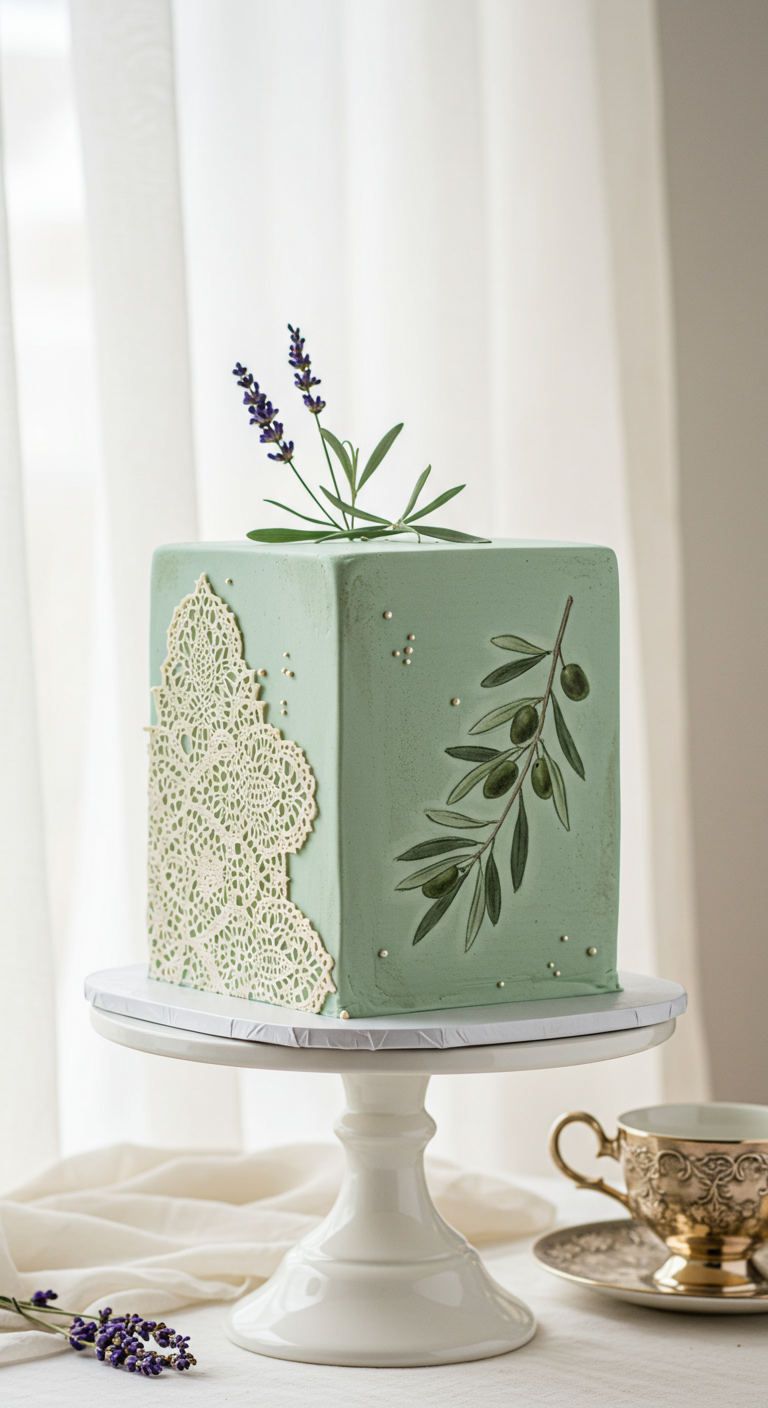 Quadratische salbeigrüne Torte mit Spitzenmuster, Olivenzweig-Malerei und Lavendel.
