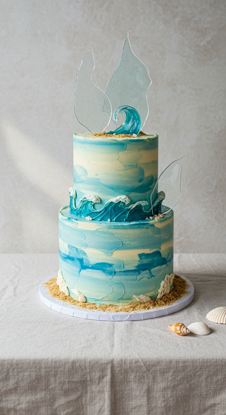 Zweistöckige Torte in Blau- und Weißtönen, die Wellen darstellt, mit Zuckerglas-Deko.