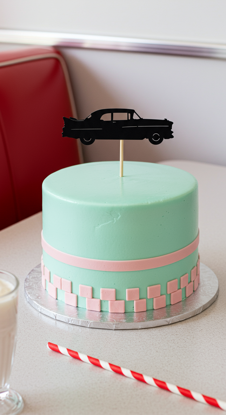 Mintgrüne Torte mit rosa-weißem Schachbrettmuster und Auto-Silhouette.