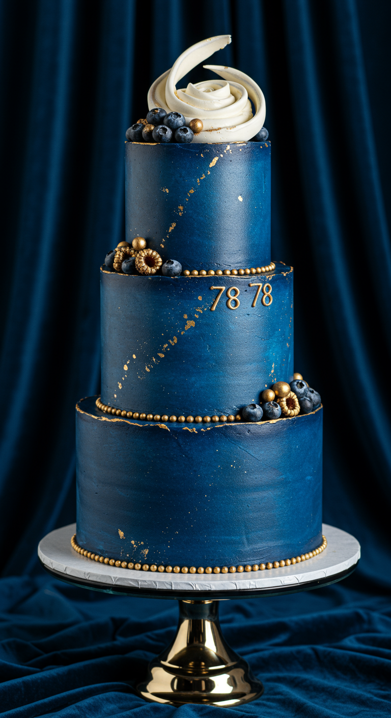Dreistöckige, dunkelblaue Torte mit Goldsprenkeln, Goldperlen und Blaubeeren.