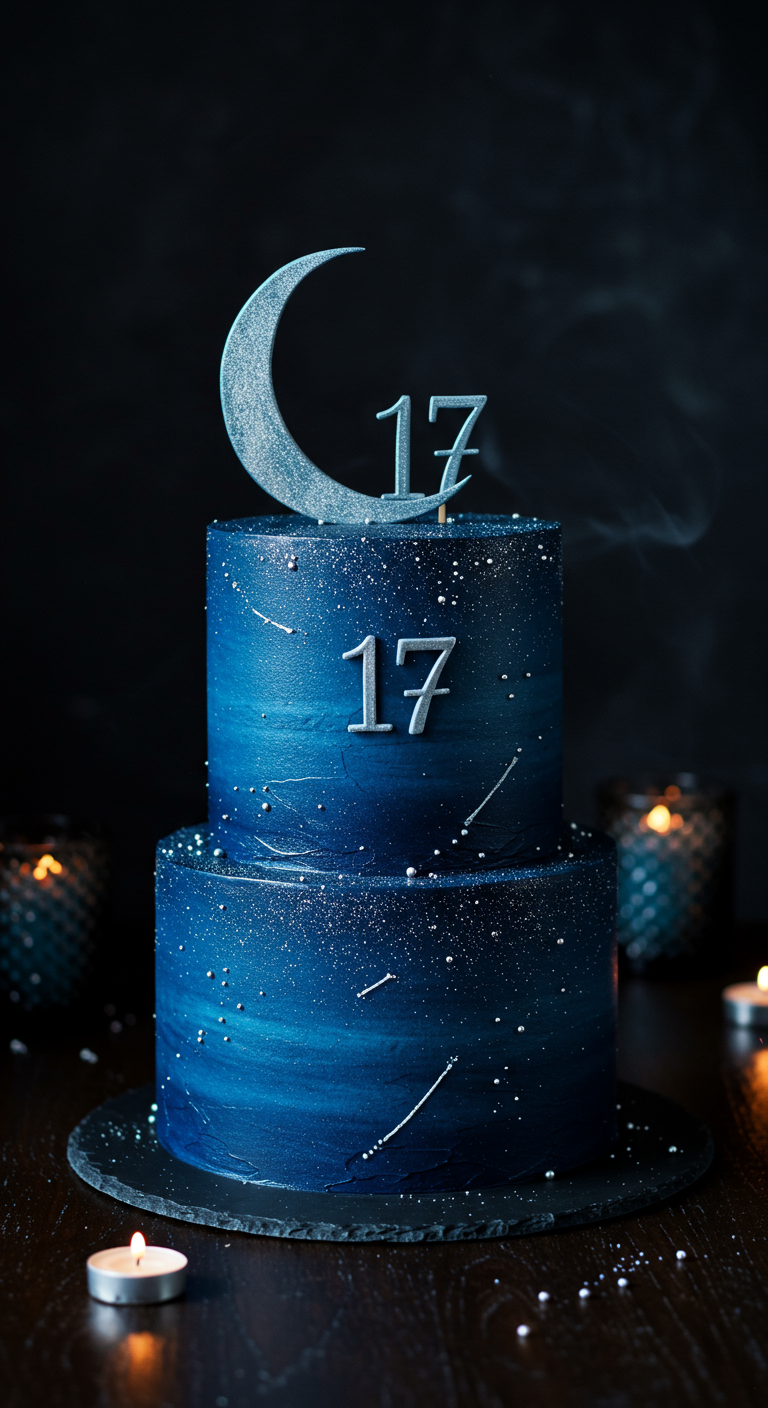 Dunkelblaue zweistöckige Torte mit Silberglitzer, Mond und Zahl 17.