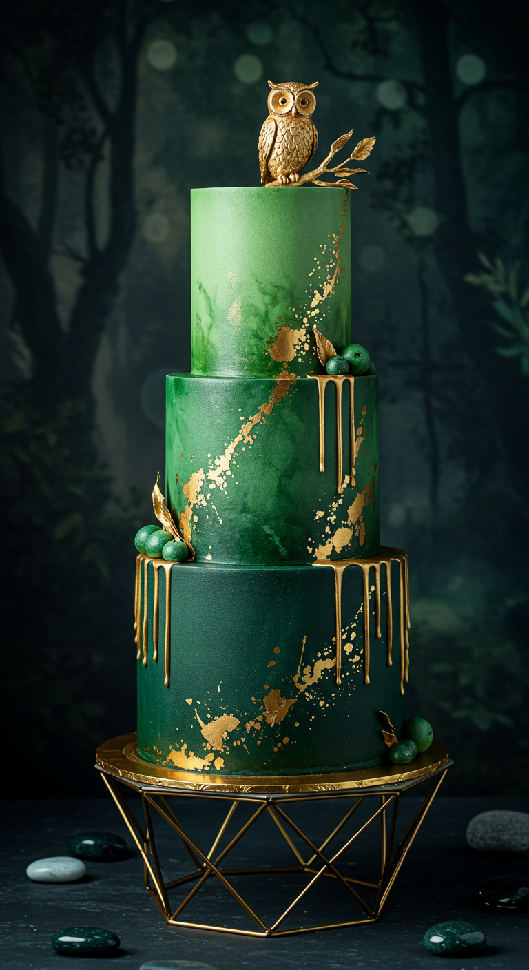 Dreistöckige dunkelgrüne Torte mit Goldtropfen und Eule.