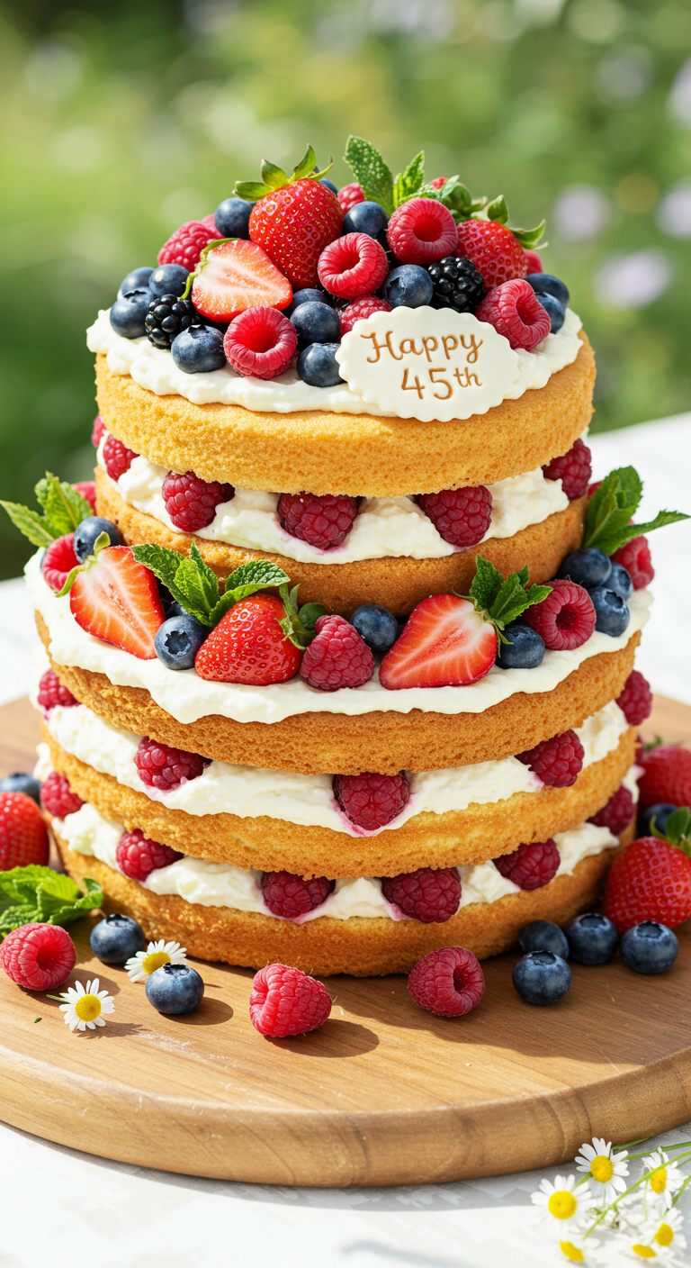 Mehrstöckiger Naked Cake mit Sahne, frischen Beeren und Minze.