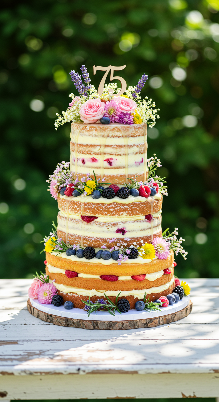 Hohe Naked Cake Torte mit mehreren Schichten, frischen Beeren, Blumen und 75-Topper.