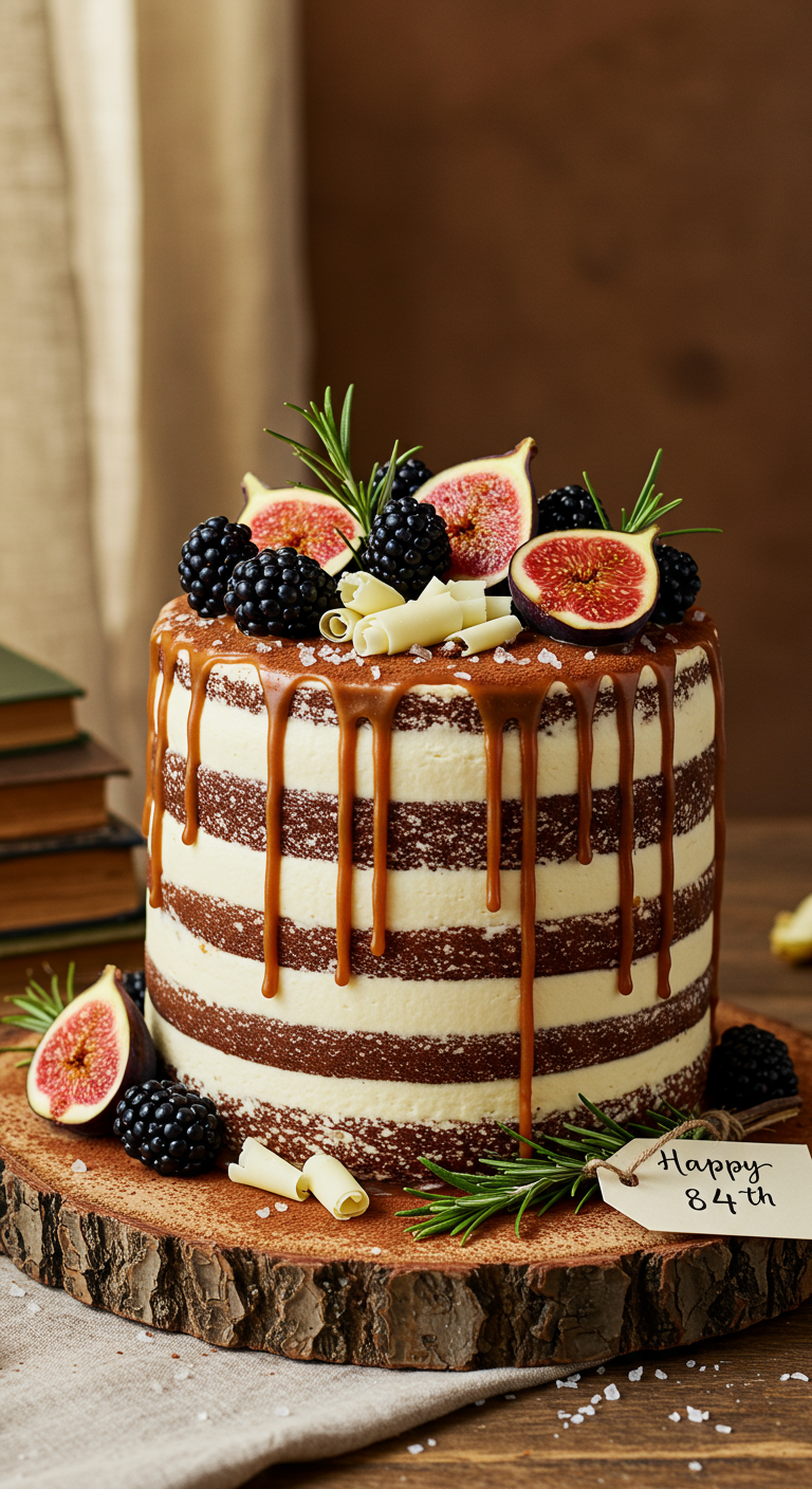 Naked Cake mit Karamell-Drip, Brombeeren, Feigen und Rosmarin, Schild
