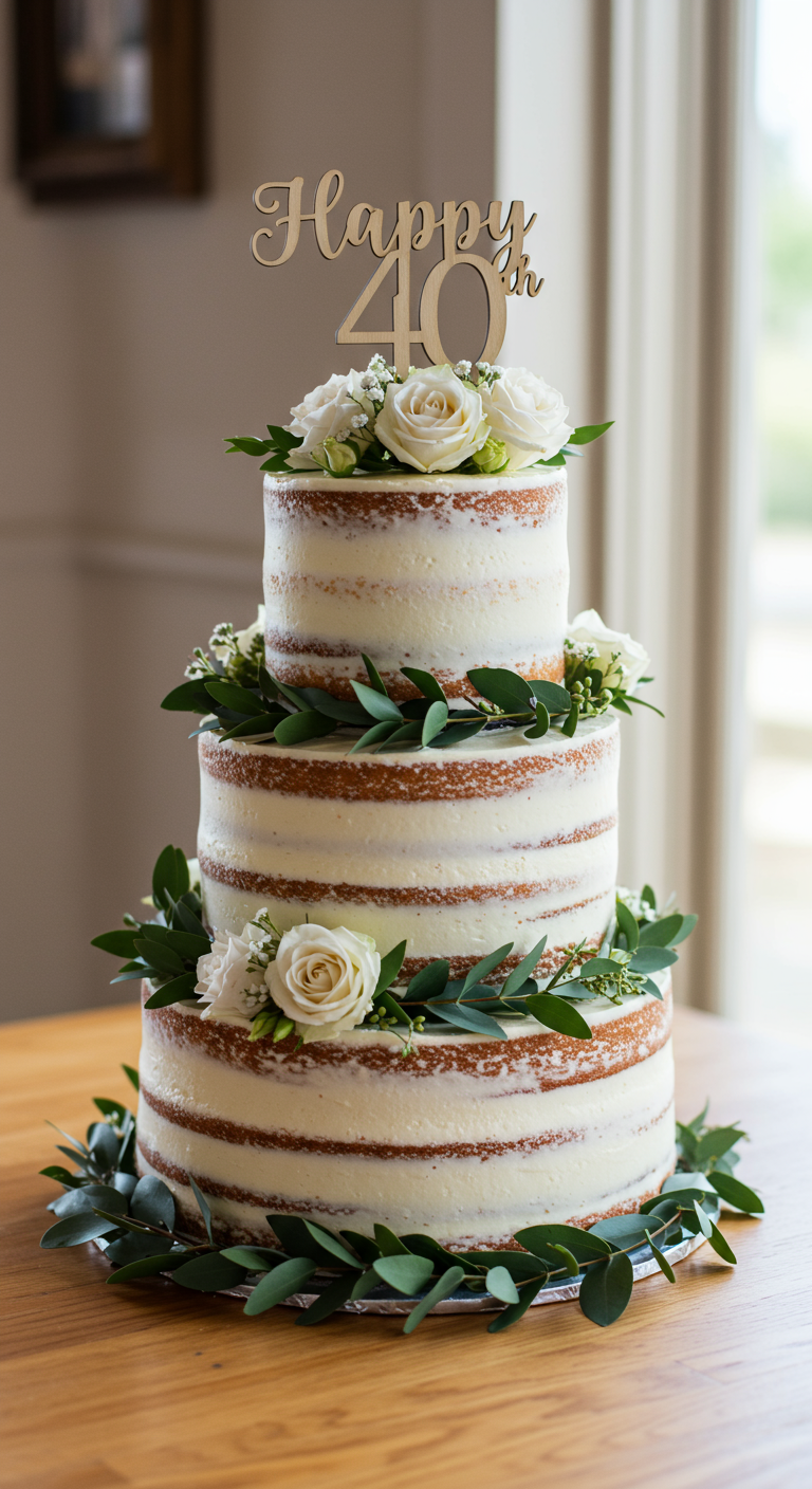 Dreistöckige Naked Cake mit weißen Rosen und grünen Blättern.