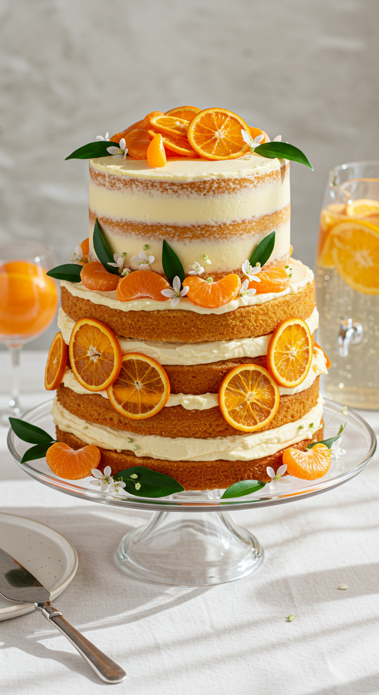 Zweistöckige Naked Cake mit Orangenscheiben und Mandarinen.