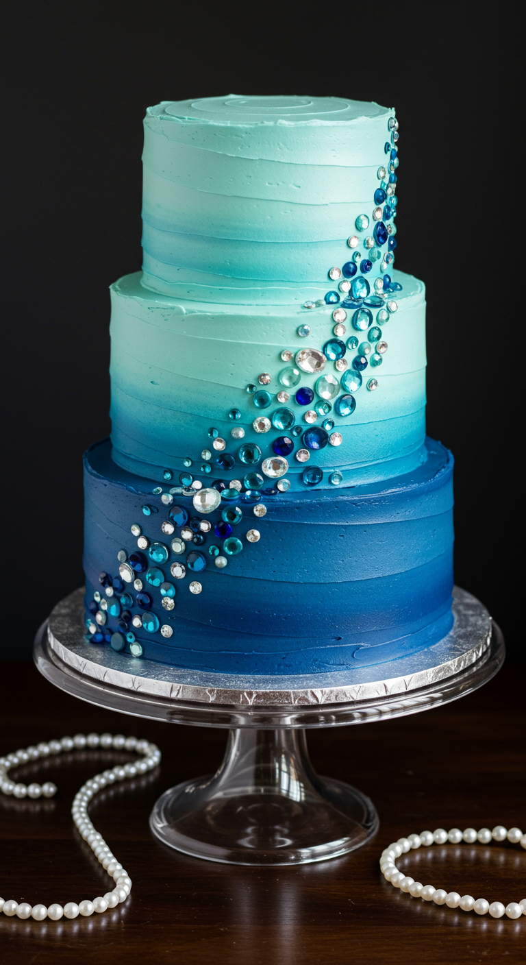 Dreistöckige blau-türkise Ombré-Torte mit Schmuckstein-Kaskade.