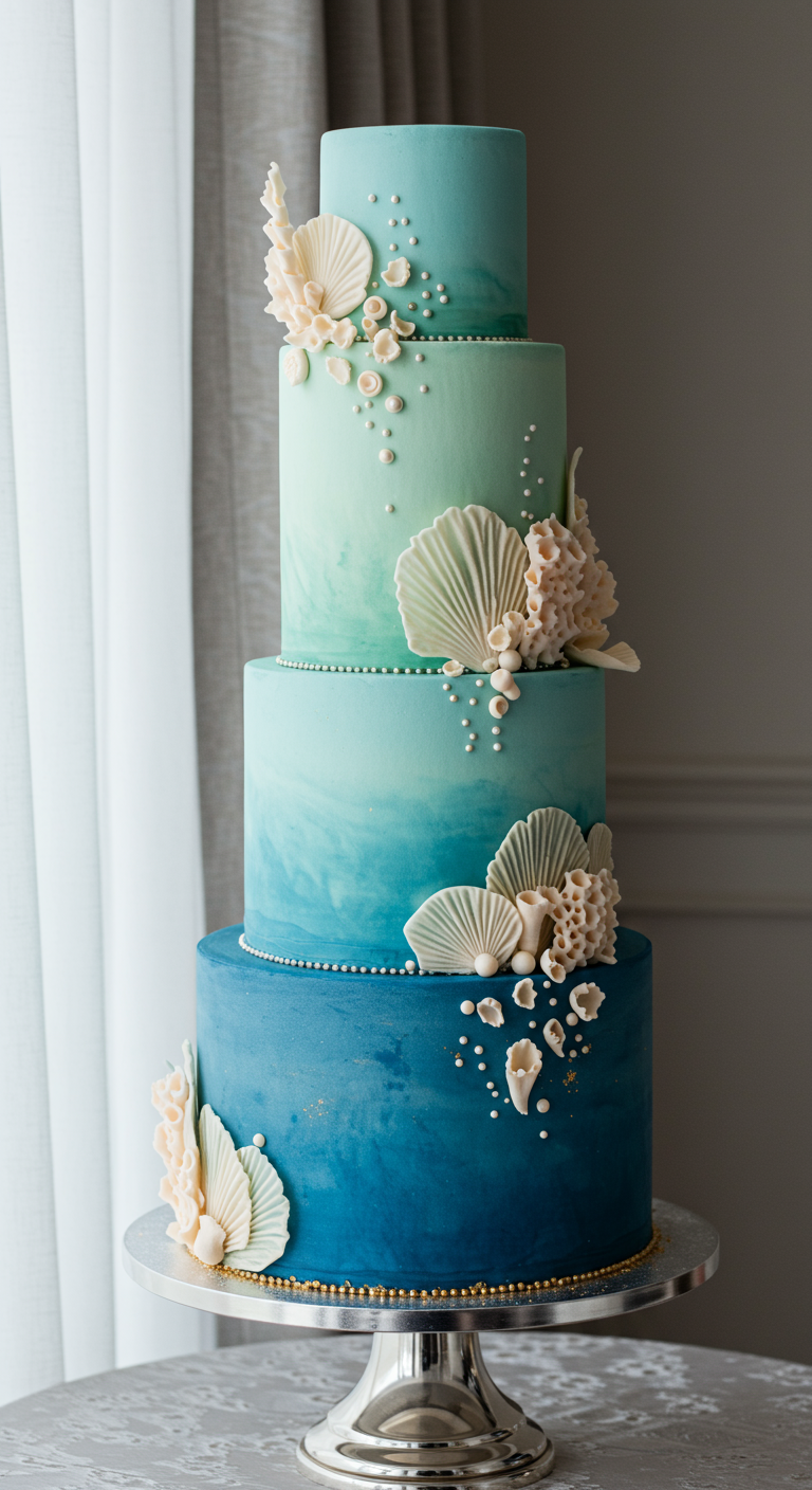Vierstöckige Torte in Blau-Türkis-Ombré mit weißen Muschel- und Korallendekorationen.