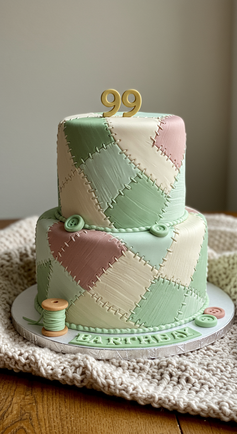 Zweistöckige Patchwork-Torte in Pastellfarben zum 99. Geburtstag.