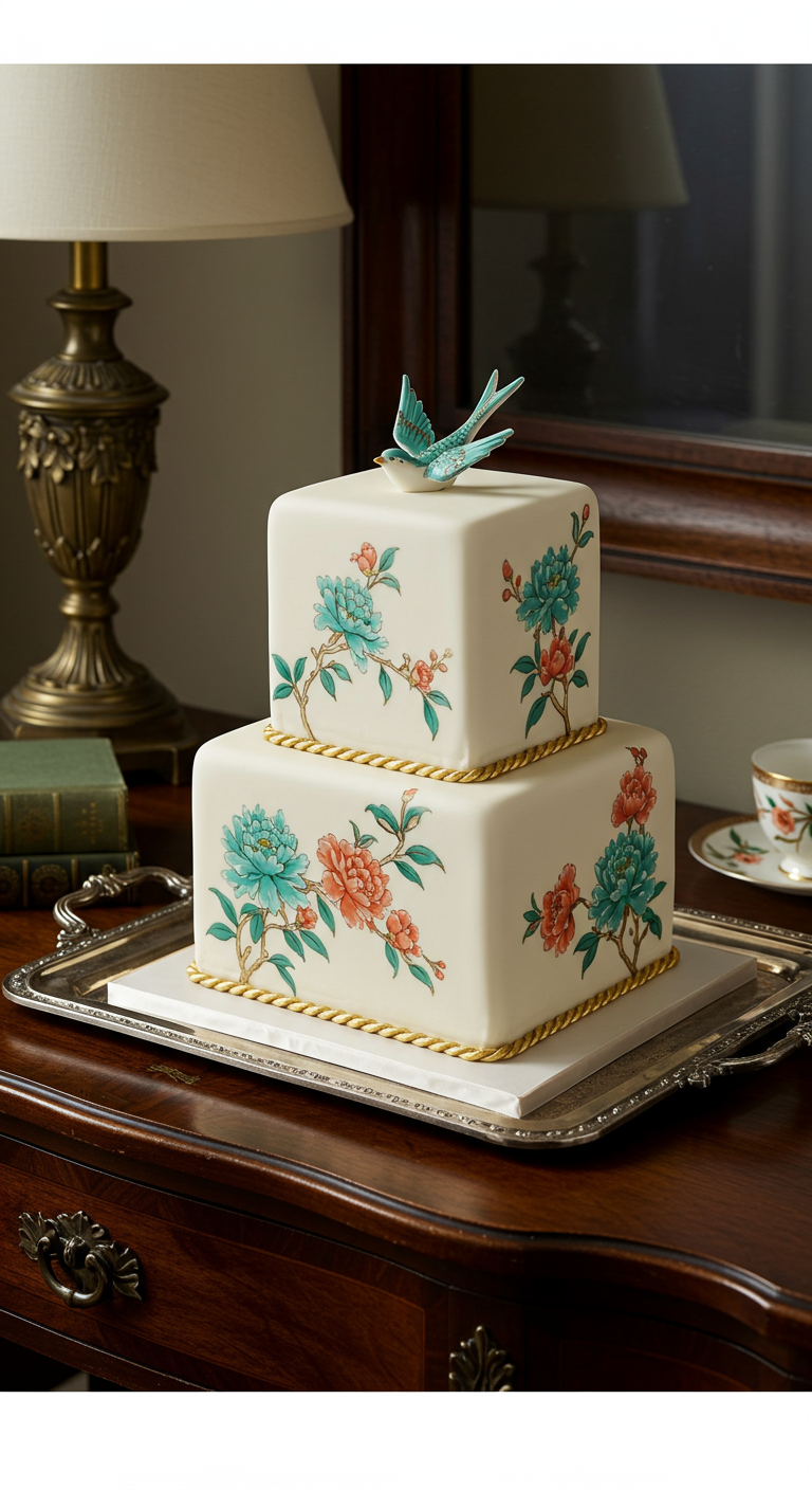 Zweistöckige Torte mit handgemalten Blumen im Chinoiserie-Stil.