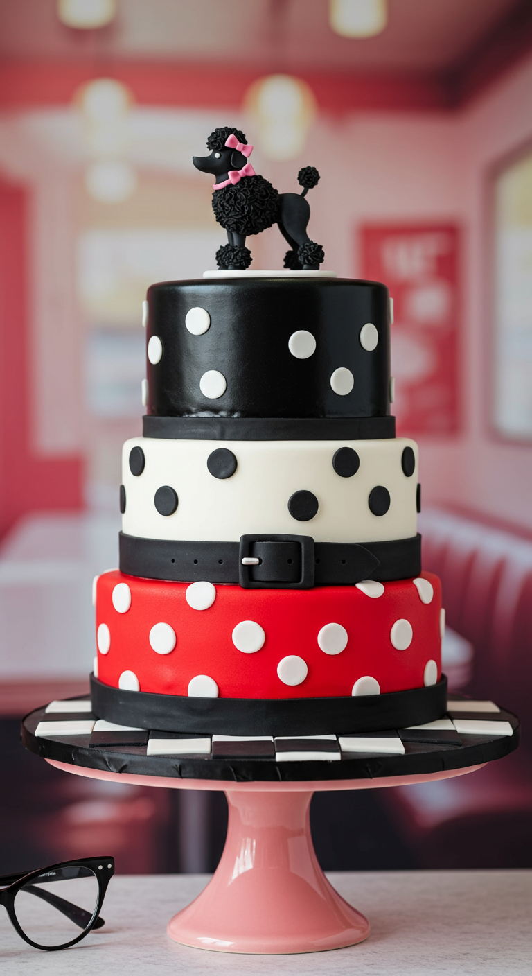 Dreistöckige Torte im Pudelrock-Design: rot, weiß, schwarz mit Polka Dots und Pudel-Topper.