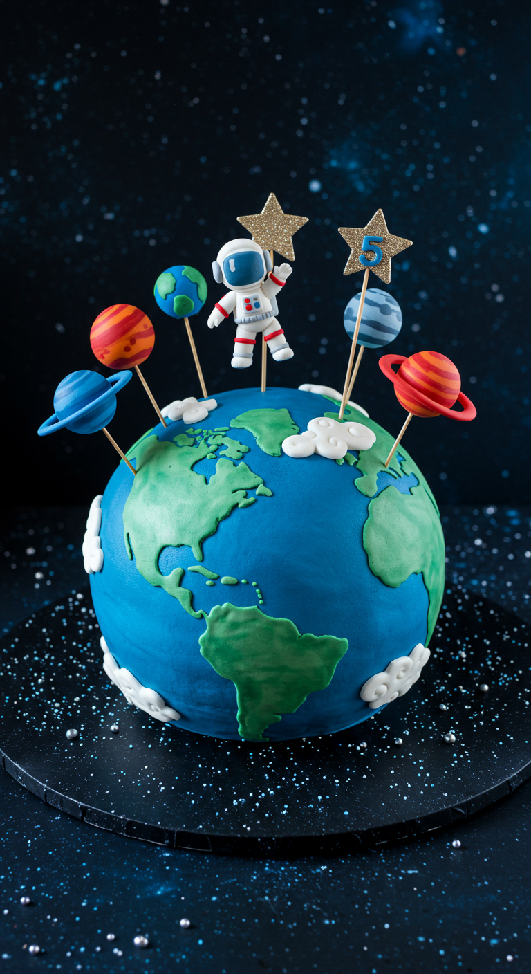 Runder Weltraum-Kuchen als Erde, mit Astronauten-Figur und Planeten-Cake-Pops.