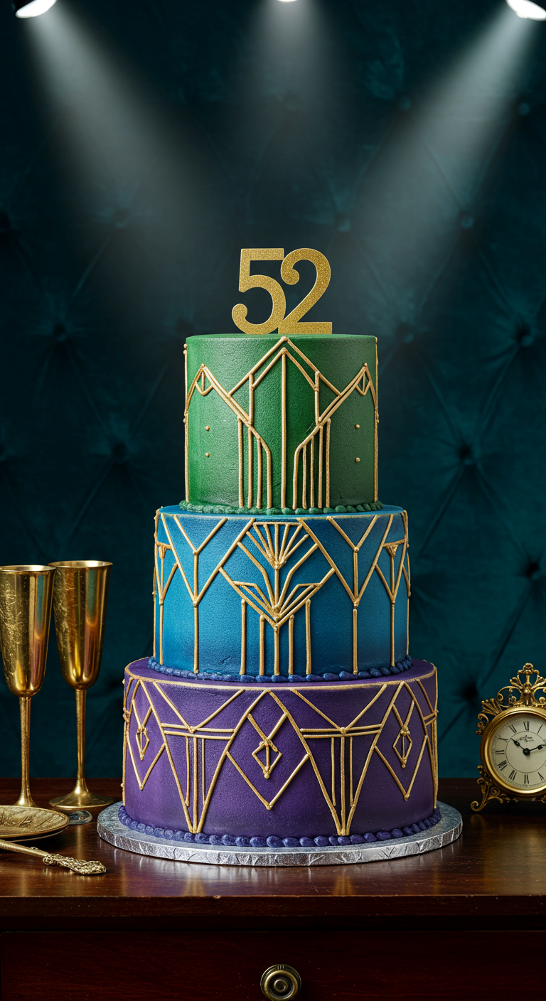 Dreistöckige Art-déco-Torte in Grün, Blau, Lila mit goldenen Linien und 52-Topper.