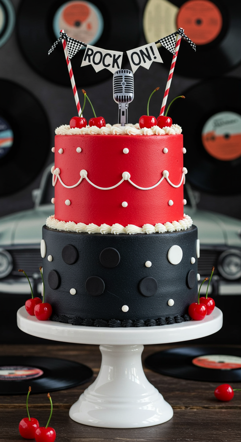 Zweistöckige Rock'n'Roll-Torte in Rot und Schwarz mit Kirschen und Mikrofon-Topper.