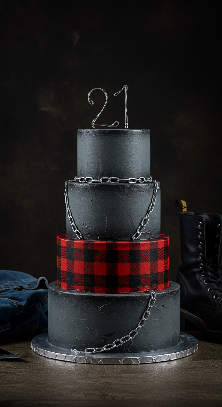 Dreistöckige Rock-Torte in Schwarz mit Karo-Muster und Ketten.