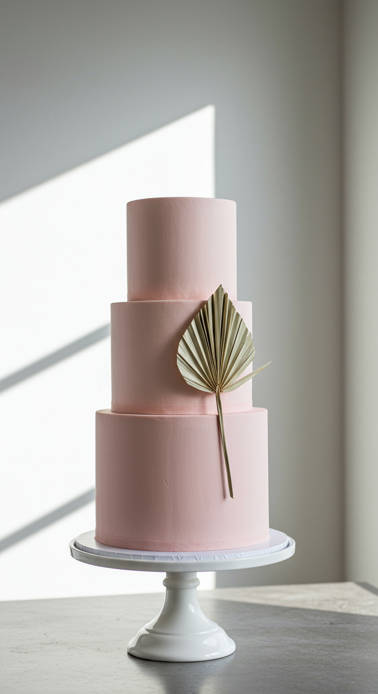 Dreistöckige rosa Torte mit einem getrockneten Palmblatt als Deko.