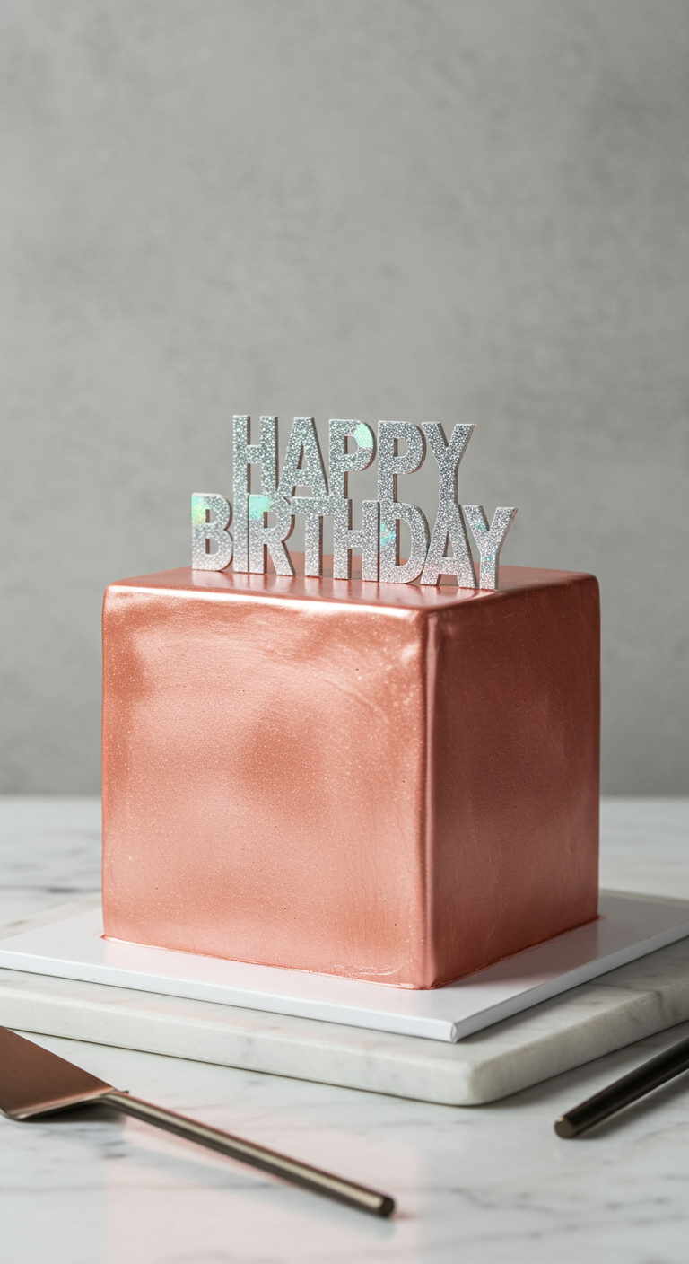 Eckige, roségoldene Torte mit 'Happy Birthday' Glitzer-Topper.