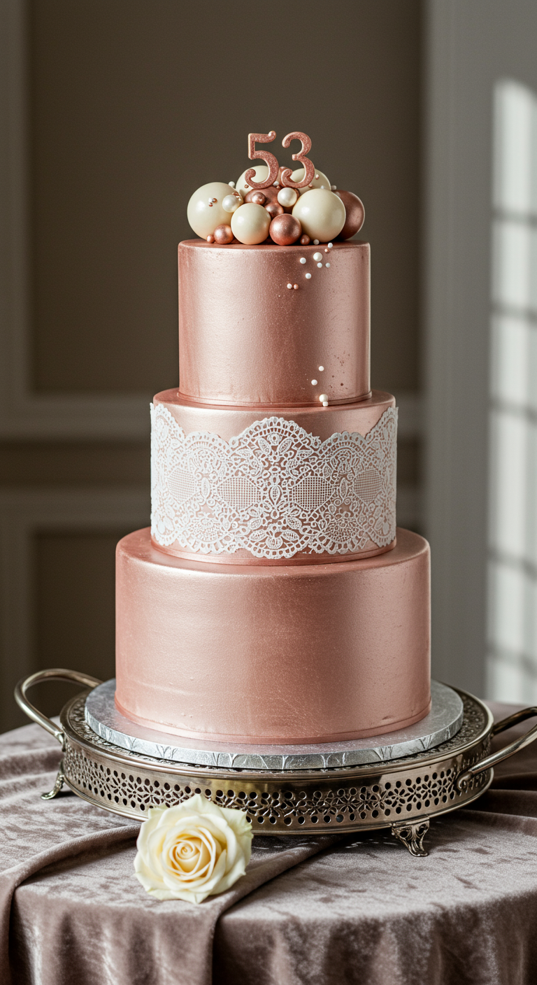 Dreistöckige roségoldene Torte mit weißem Spitzenband und Perlendeko, Zahl 53
