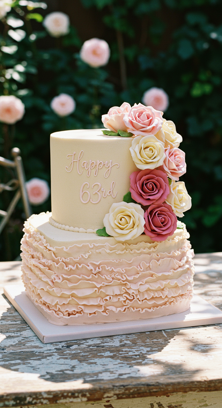Zweistöckige Torte mit rosa Rüschen und einem Bouquet aus rosa und gelben Zuckerrosen.