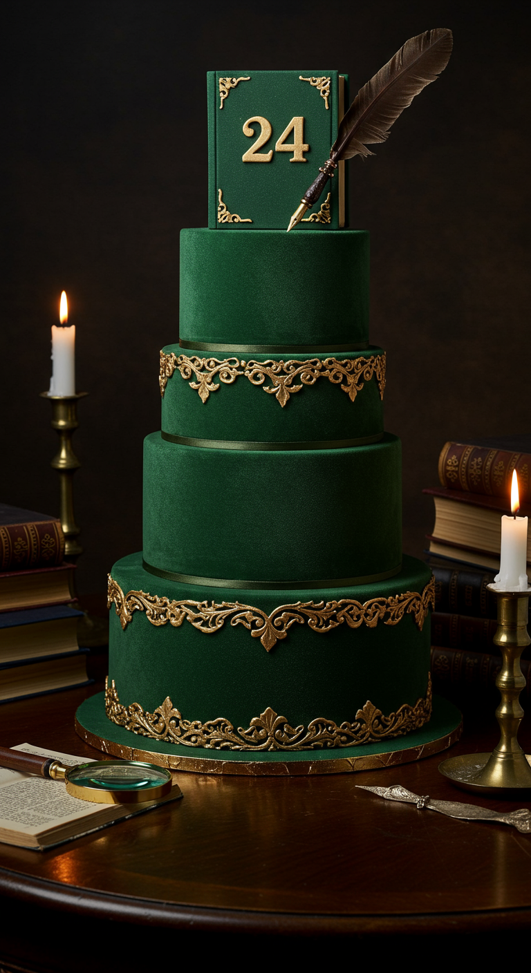 Mehrstöckige, smaragdgrüne Samt-Torte mit goldenen Ornamenten und Buch-Topper mit Zahl 24.