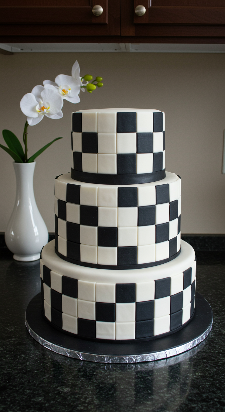 Dreistöckige Torte im schwarz-weißen Schachbrettmuster.