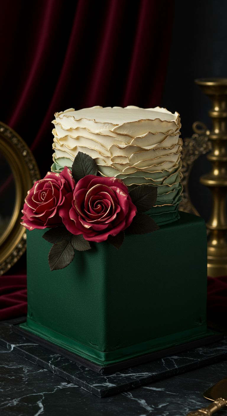 Zweistöckige Torte: untere Etage quadratisch smaragdgrün, obere rund mit weißen Rüschen und Goldrand, rote Rosen.
