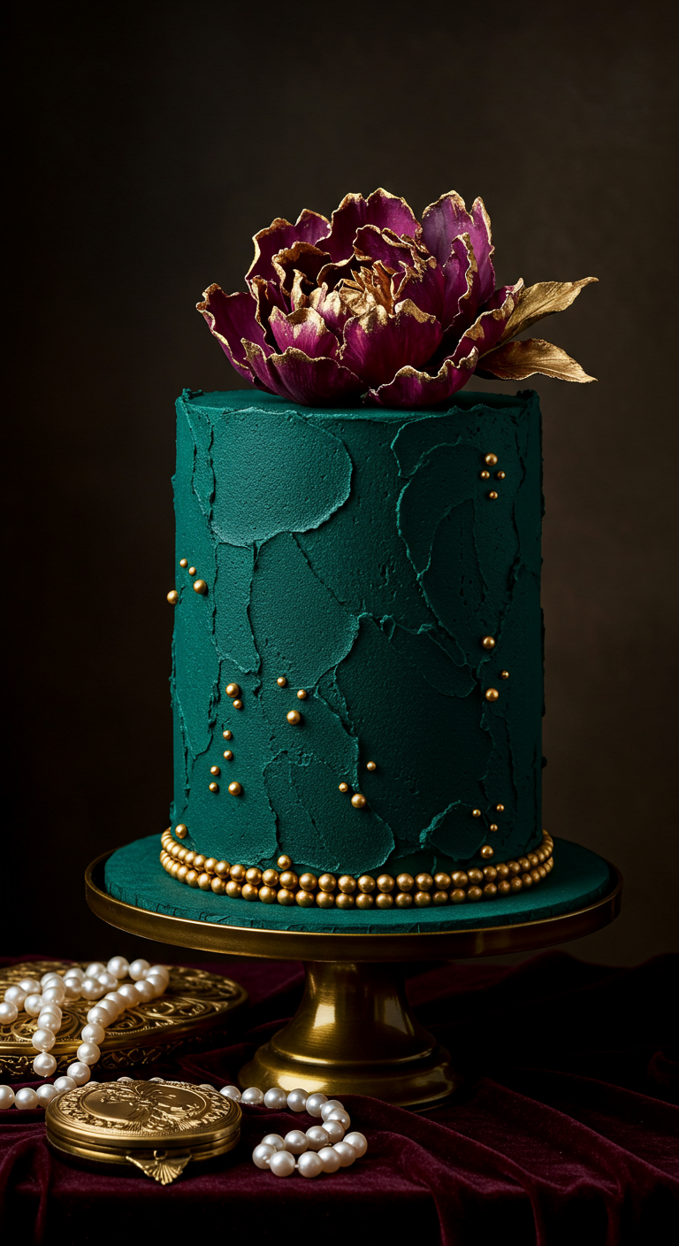 Smaragdgrüne Torte mit strukturierter Buttercreme, Goldperlen und großer dunkler Blüte.