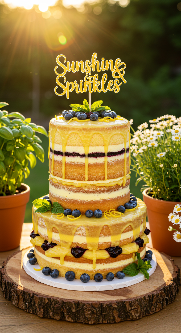 Zweistöckige Naked Cake mit Zitronen-Drip, Blaubeeren und Minze,