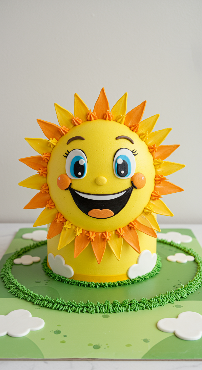 Gelbe Sonnentorte mit lachendem Gesicht und Sonnenstrahlen.