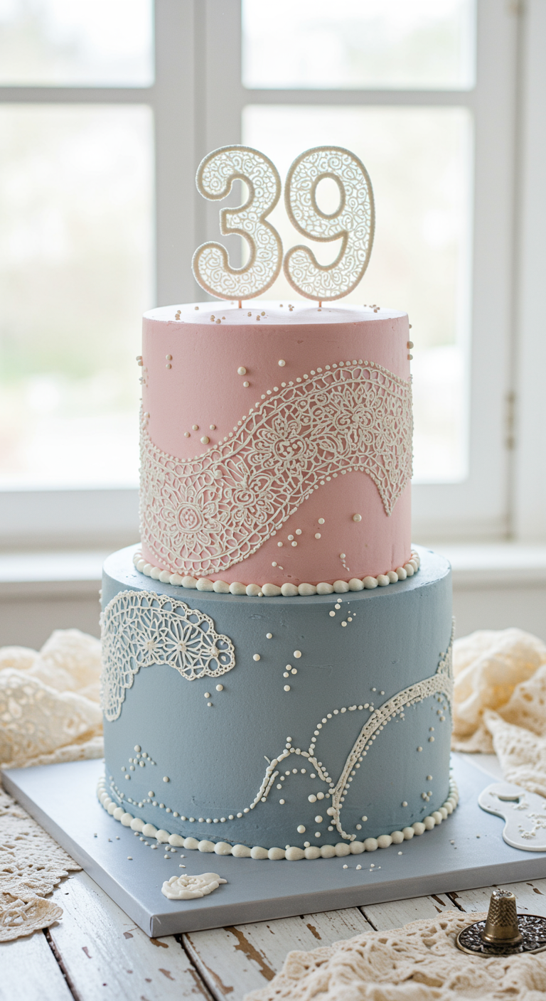 Zweistöckige Torte in Rosa und Blau mit weißer Spitzen-Dekoration.