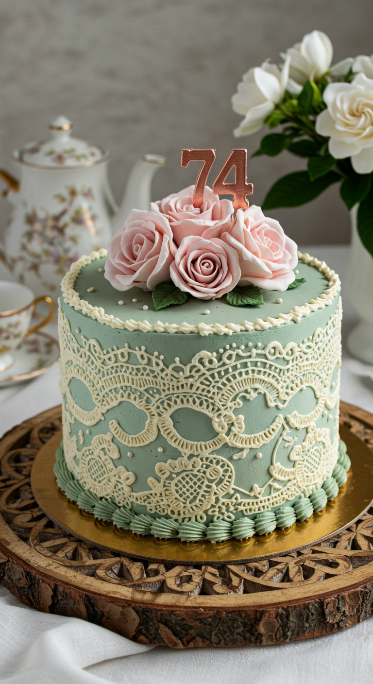 Mintgrüne Torte mit weißer essbarer Spitze und rosa Zuckerrosen.
